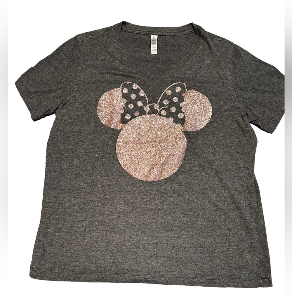 Bella + Canvas Pink Glitter Minnie V-Neck Tshirt L